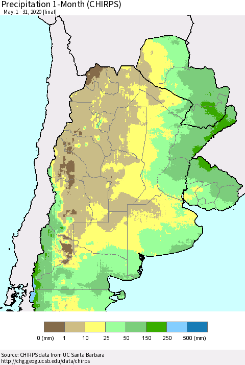 Southern South America Precipitation 1-Month (CHIRPS) Thematic Map For 5/1/2020 - 5/31/2020