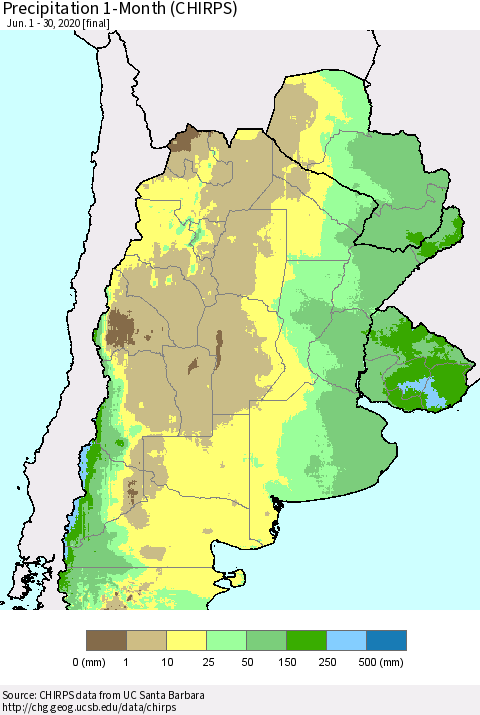 Southern South America Precipitation 1-Month (CHIRPS) Thematic Map For 6/1/2020 - 6/30/2020