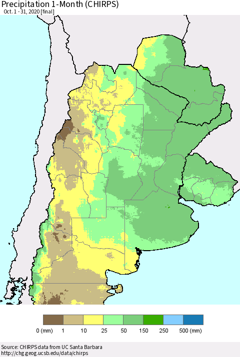 Southern South America Precipitation 1-Month (CHIRPS) Thematic Map For 10/1/2020 - 10/31/2020