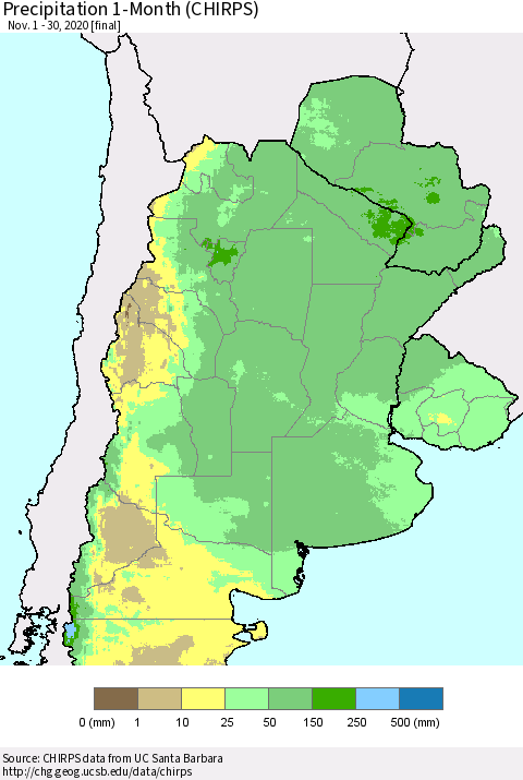 Southern South America Precipitation 1-Month (CHIRPS) Thematic Map For 11/1/2020 - 11/30/2020