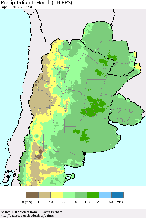 Southern South America Precipitation 1-Month (CHIRPS) Thematic Map For 4/1/2021 - 4/30/2021