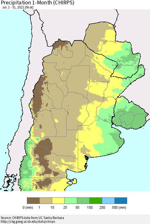 Southern South America Precipitation 1-Month (CHIRPS) Thematic Map For 7/1/2021 - 7/31/2021