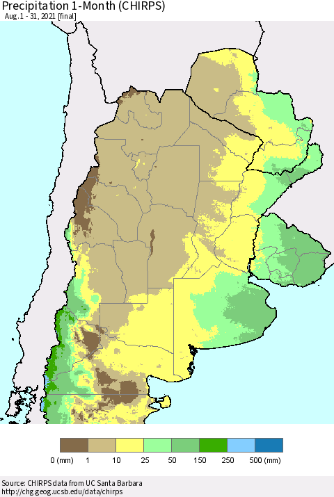 Southern South America Precipitation 1-Month (CHIRPS) Thematic Map For 8/1/2021 - 8/31/2021
