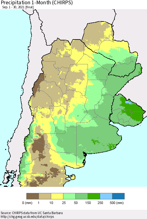 Southern South America Precipitation 1-Month (CHIRPS) Thematic Map For 9/1/2021 - 9/30/2021