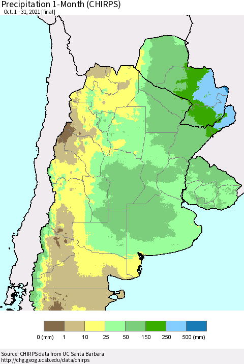 Southern South America Precipitation 1-Month (CHIRPS) Thematic Map For 10/1/2021 - 10/31/2021