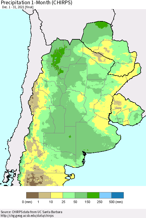 Southern South America Precipitation 1-Month (CHIRPS) Thematic Map For 12/1/2021 - 12/31/2021
