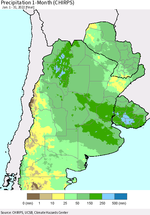 Southern South America Precipitation 1-Month (CHIRPS) Thematic Map For 1/1/2022 - 1/31/2022