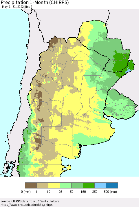 Southern South America Precipitation 1-Month (CHIRPS) Thematic Map For 5/1/2022 - 5/31/2022