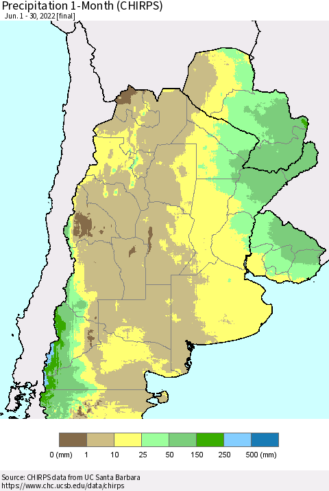 Southern South America Precipitation 1-Month (CHIRPS) Thematic Map For 6/1/2022 - 6/30/2022