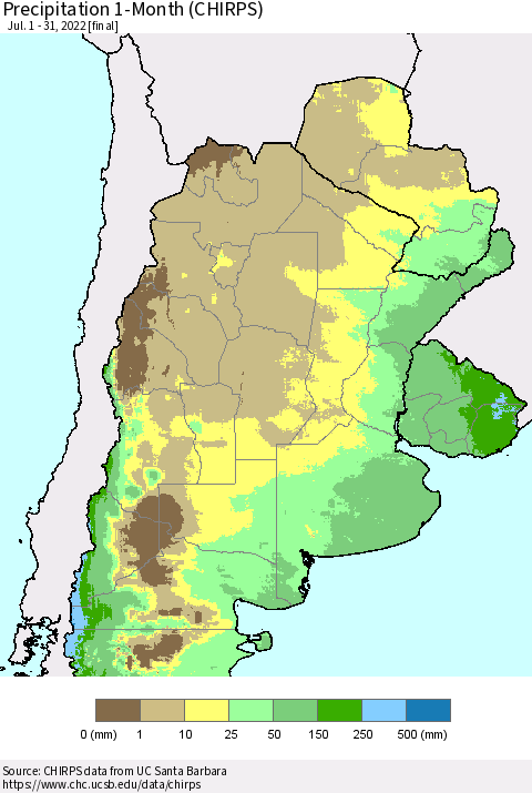 Southern South America Precipitation 1-Month (CHIRPS) Thematic Map For 7/1/2022 - 7/31/2022