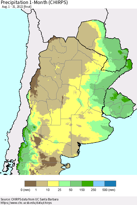 Southern South America Precipitation 1-Month (CHIRPS) Thematic Map For 8/1/2022 - 8/31/2022