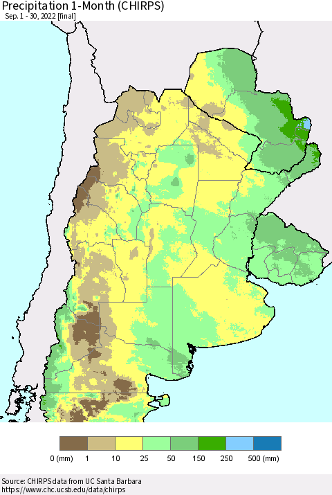 Southern South America Precipitation 1-Month (CHIRPS) Thematic Map For 9/1/2022 - 9/30/2022