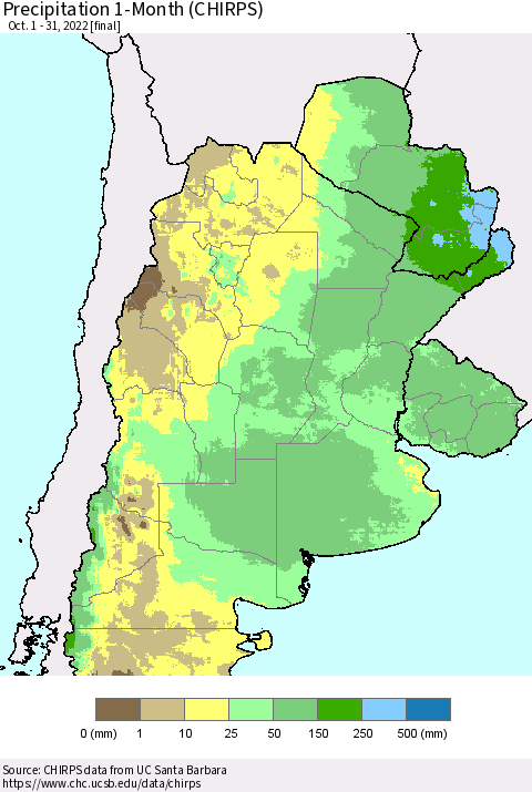 Southern South America Precipitation 1-Month (CHIRPS) Thematic Map For 10/1/2022 - 10/31/2022
