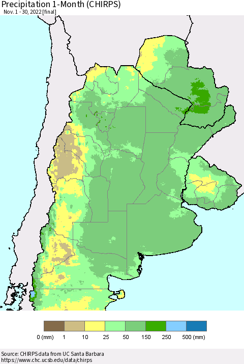 Southern South America Precipitation 1-Month (CHIRPS) Thematic Map For 11/1/2022 - 11/30/2022