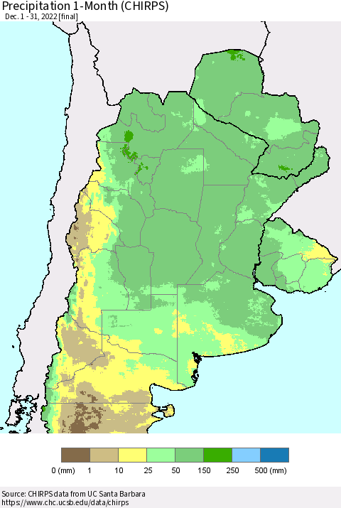 Southern South America Precipitation 1-Month (CHIRPS) Thematic Map For 12/1/2022 - 12/31/2022