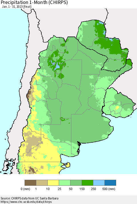 Southern South America Precipitation 1-Month (CHIRPS) Thematic Map For 1/1/2023 - 1/31/2023