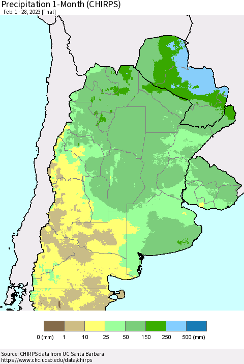Southern South America Precipitation 1-Month (CHIRPS) Thematic Map For 2/1/2023 - 2/28/2023