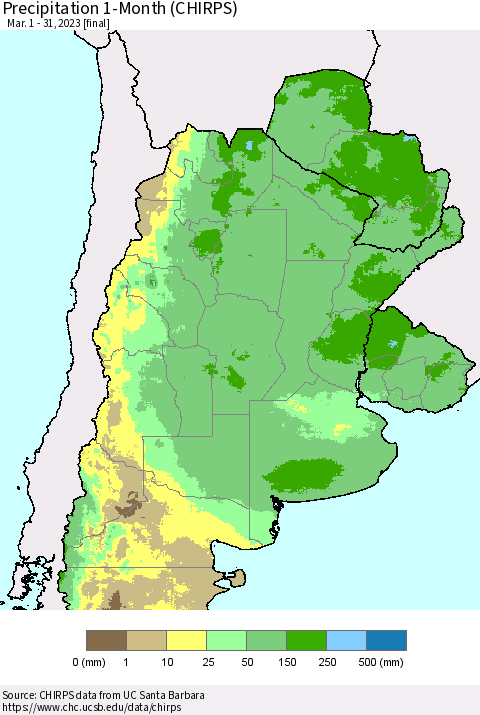 Southern South America Precipitation 1-Month (CHIRPS) Thematic Map For 3/1/2023 - 3/31/2023
