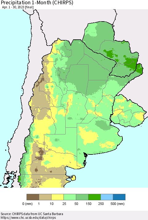 Southern South America Precipitation 1-Month (CHIRPS) Thematic Map For 4/1/2023 - 4/30/2023