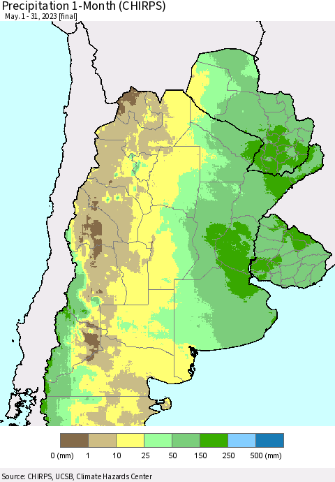 Southern South America Precipitation 1-Month (CHIRPS) Thematic Map For 5/1/2023 - 5/31/2023
