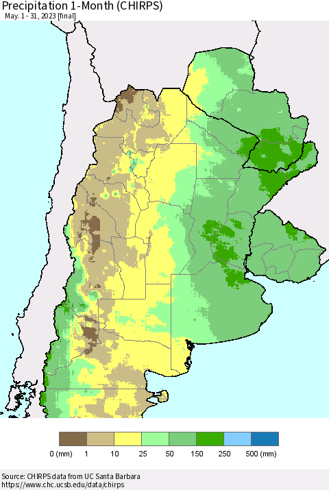 Southern South America Precipitation 1-Month (CHIRPS) Thematic Map For 5/1/2023 - 5/31/2023