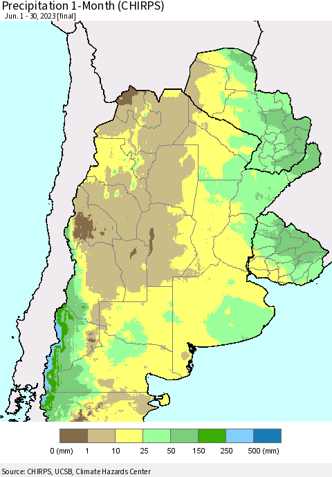 Southern South America Precipitation 1-Month (CHIRPS) Thematic Map For 6/1/2023 - 6/30/2023