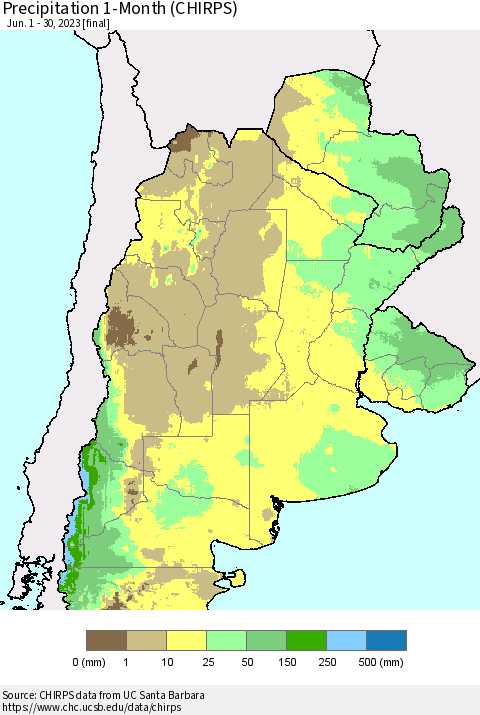Southern South America Precipitation 1-Month (CHIRPS) Thematic Map For 6/1/2023 - 6/30/2023