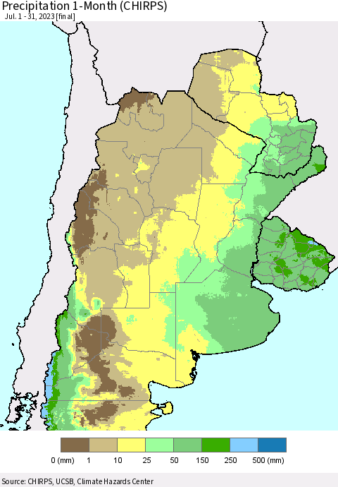 Southern South America Precipitation 1-Month (CHIRPS) Thematic Map For 7/1/2023 - 7/31/2023