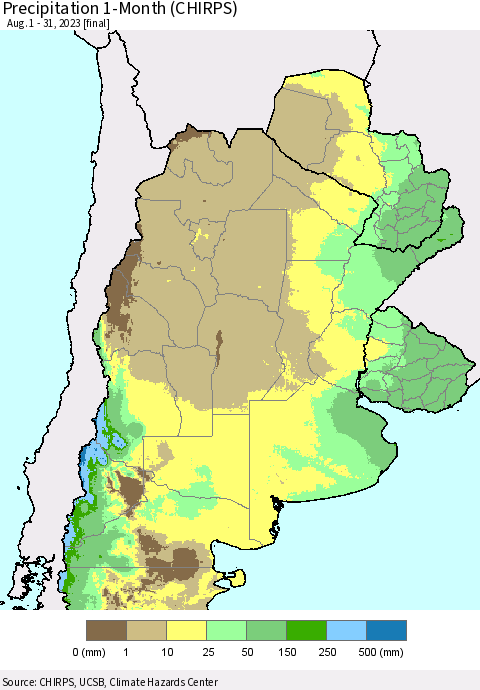 Southern South America Precipitation 1-Month (CHIRPS) Thematic Map For 8/1/2023 - 8/31/2023