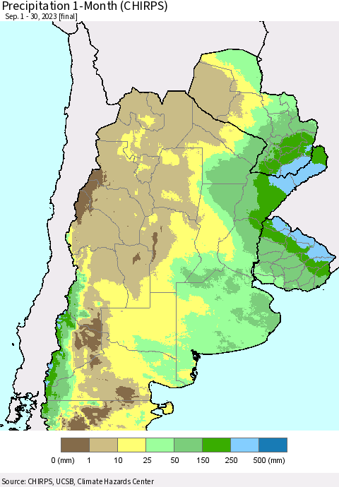 Southern South America Precipitation 1-Month (CHIRPS) Thematic Map For 9/1/2023 - 9/30/2023