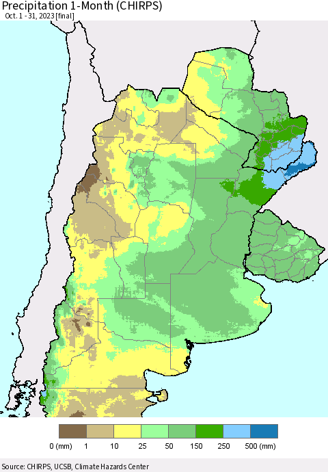 Southern South America Precipitation 1-Month (CHIRPS) Thematic Map For 10/1/2023 - 10/31/2023