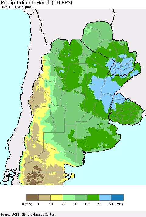 Southern South America Precipitation 1-Month (CHIRPS) Thematic Map For 12/1/2023 - 12/31/2023