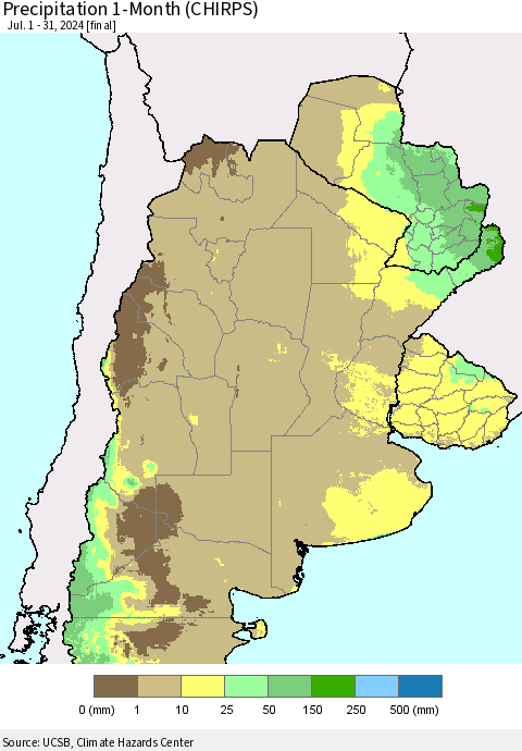 Southern South America Precipitation 1-Month (CHIRPS) Thematic Map For 7/1/2024 - 7/31/2024