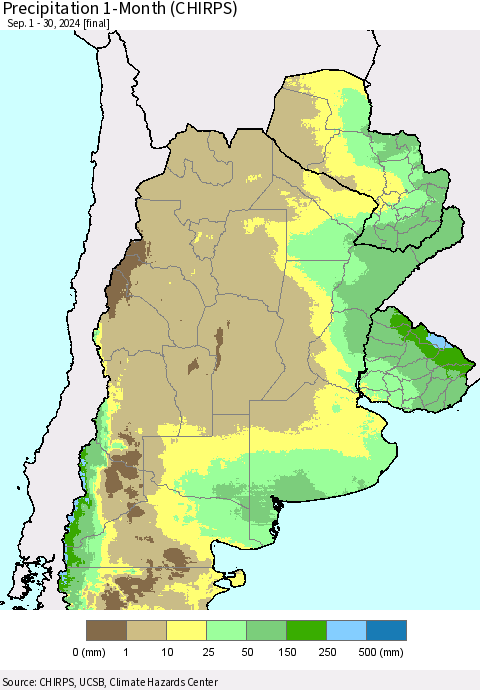 Southern South America Precipitation 1-Month (CHIRPS) Thematic Map For 9/1/2024 - 9/30/2024