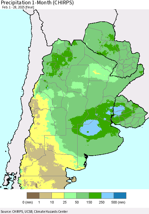 Southern South America Precipitation 1-Month (CHIRPS) Thematic Map For 2/1/2025 - 2/28/2025