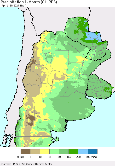 Southern South America Precipitation 1-Month (CHIRPS) Thematic Map For 4/1/2025 - 4/30/2025