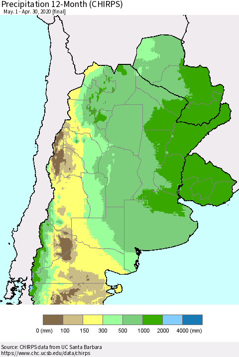 Southern South America Precipitation 12-Month (CHIRPS) Thematic Map For 5/1/2019 - 4/30/2020