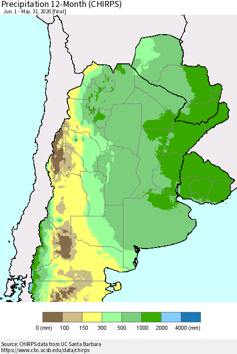 Southern South America Precipitation 12-Month (CHIRPS) Thematic Map For 6/1/2019 - 5/31/2020