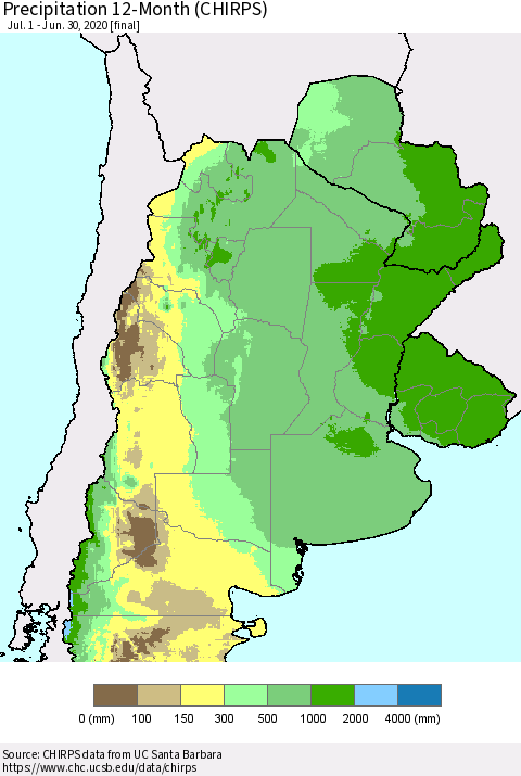 Southern South America Precipitation 12-Month (CHIRPS) Thematic Map For 7/1/2019 - 6/30/2020