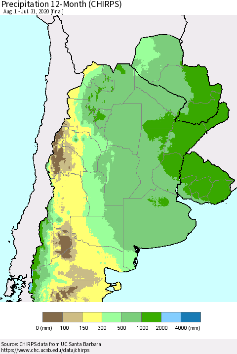 Southern South America Precipitation 12-Month (CHIRPS) Thematic Map For 8/1/2019 - 7/31/2020