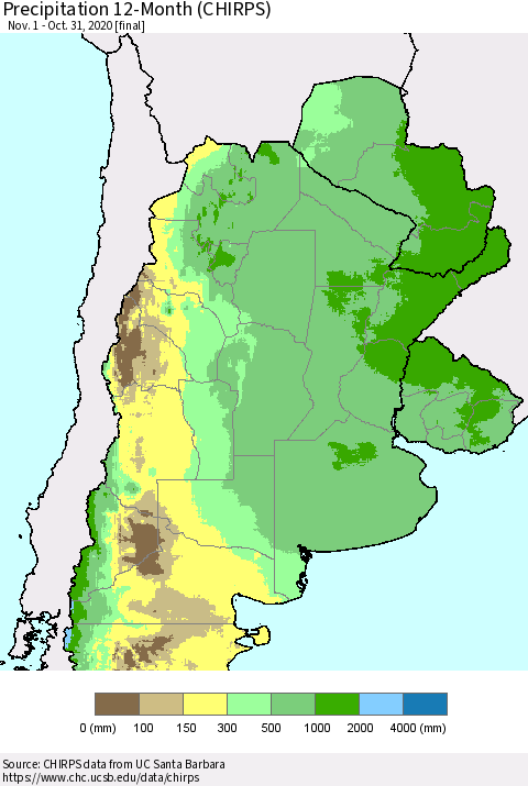 Southern South America Precipitation 12-Month (CHIRPS) Thematic Map For 11/1/2019 - 10/31/2020