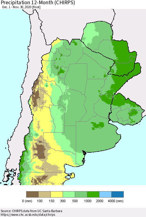 Southern South America Precipitation 12-Month (CHIRPS) Thematic Map For 12/1/2019 - 11/30/2020