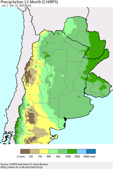 Southern South America Precipitation 12-Month (CHIRPS) Thematic Map For 1/1/2020 - 12/31/2020