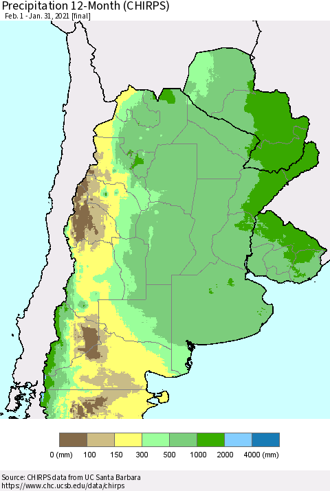 Southern South America Precipitation 12-Month (CHIRPS) Thematic Map For 2/1/2020 - 1/31/2021