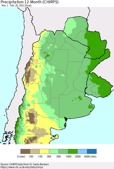 Southern South America Precipitation 12-Month (CHIRPS) Thematic Map For 3/1/2020 - 2/28/2021
