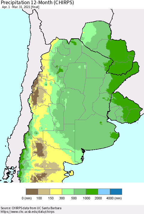 Southern South America Precipitation 12-Month (CHIRPS) Thematic Map For 4/1/2020 - 3/31/2021
