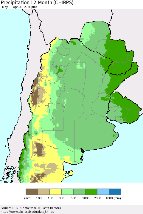 Southern South America Precipitation 12-Month (CHIRPS) Thematic Map For 5/1/2020 - 4/30/2021