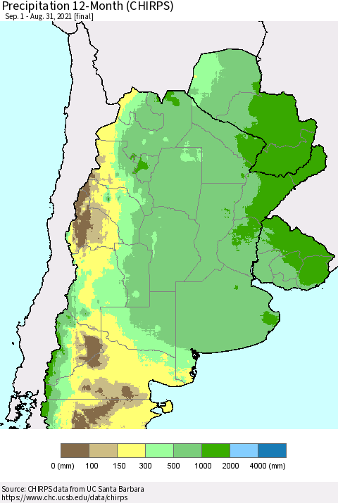 Southern South America Precipitation 12-Month (CHIRPS) Thematic Map For 9/1/2020 - 8/31/2021