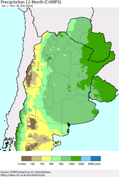 Southern South America Precipitation 12-Month (CHIRPS) Thematic Map For 12/1/2020 - 11/30/2021