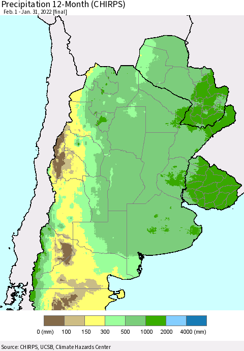 Southern South America Precipitation 12-Month (CHIRPS) Thematic Map For 2/1/2021 - 1/31/2022